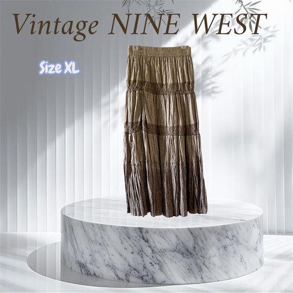 VNT NINE WEST Maxi Broomstick Brown & Taupe Tiered Skirt. Rodeo Cowgirl Like New - Picture 1 of 11